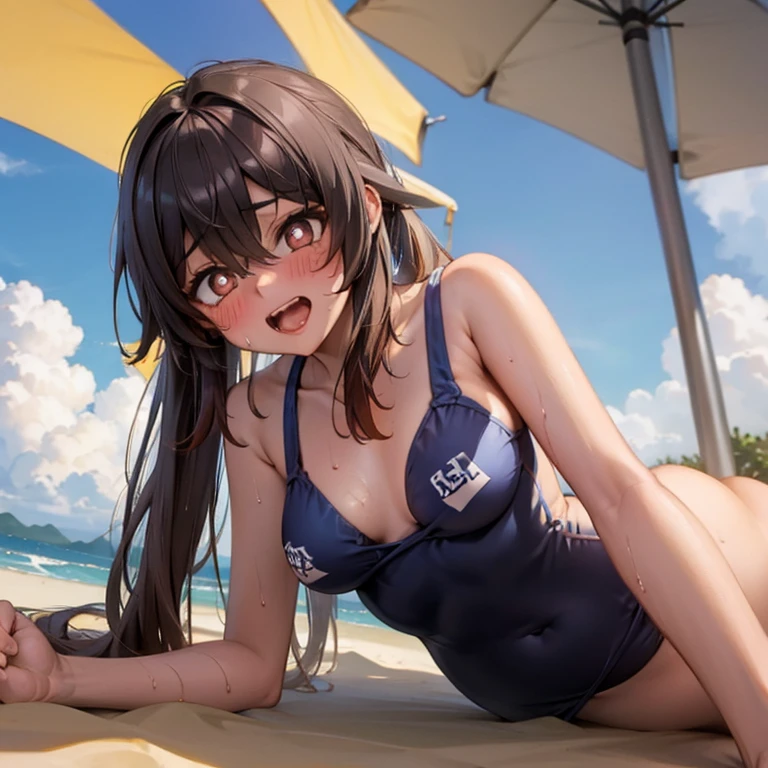 School Swimsuit, ahegao, blush, sweat, Beach