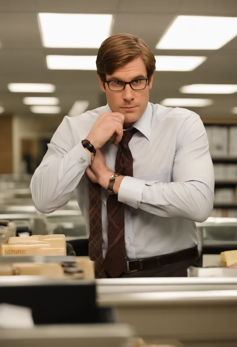 A photo of me hiding all of Dwight's pens and pencils in Jell-O molds,The Office (U.S. TV series),Jim Halpert, a fictional character from the U.S. television series “The Office,” is portrayed as a tall, lean figure with a boyish charm, often seen in standard office attire: a simple button-up shirt and tie. His hair is typically styled in a casual, slightly unkempt fashion, complementing his laid-back and approachable demeanor.