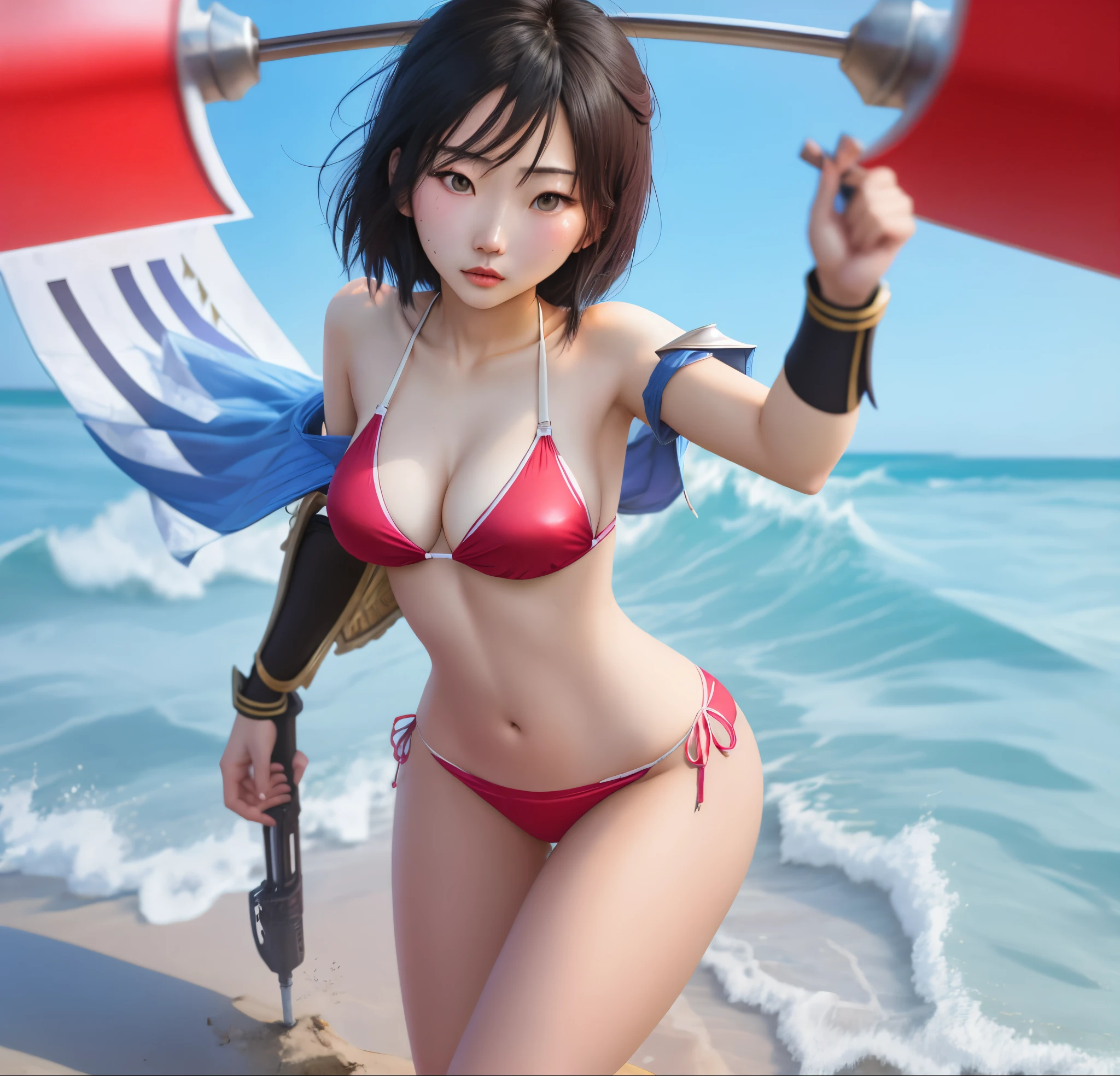 Asian lady in bikini armor with hight technology weapon