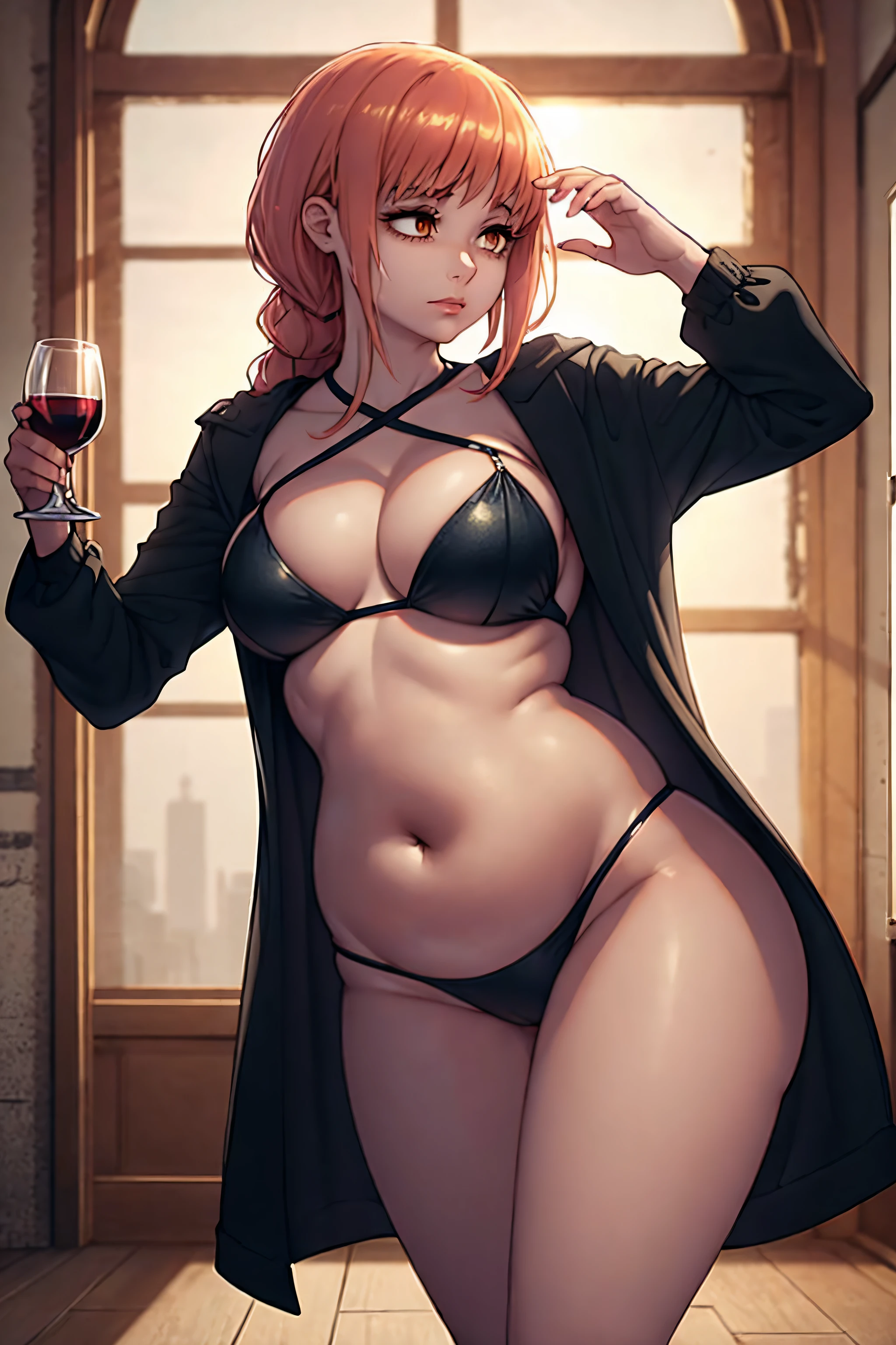 In a sumptuous hall, Makima, uma figura imponente, is positioned at an oblique angle to the camera. Its sculpted profile is highlighted by the contrast of light and shadow, as she elegantly raises a gl of wine to eye level. Seus cabelos negcaindo em ondas suaves, are partially lit, destacando o brilho natural dos fios. The opposite side of your face is shrouded in subtle shadows, creating an enigmatic aura. Makima'The posture is imposing, seus ombros levemente inclinados para frente, conveying a sense of control. The hand holding the cup is positioned with millimeter precision, fingers delicately curved around the crystal chalice. Her lips, quase tocando a borda do copo, exude an air of serenity and confidence. Camera angle captures the scene from top to bottom, highlighting the elegance of your pose. Uma luz lateral suave destaca os contornos do seu rosto, while the shadows dance, creating a play of light and darkness that highlights its enigmatic expression. Cada detalhe, from the nuances of hair to the folds of meticulously tailored clothes, contributes to the stunning visual composition that is Makima in this moment of masterful posing,Hard disk, retina, master part, preciso, anatomicamente correto, pele texturizada , Super Detalhe, Detalhes altos, alta qualidade, Premiado, best quality, Altas, 1080P, disco Rigido, 4k, 8k, 16k