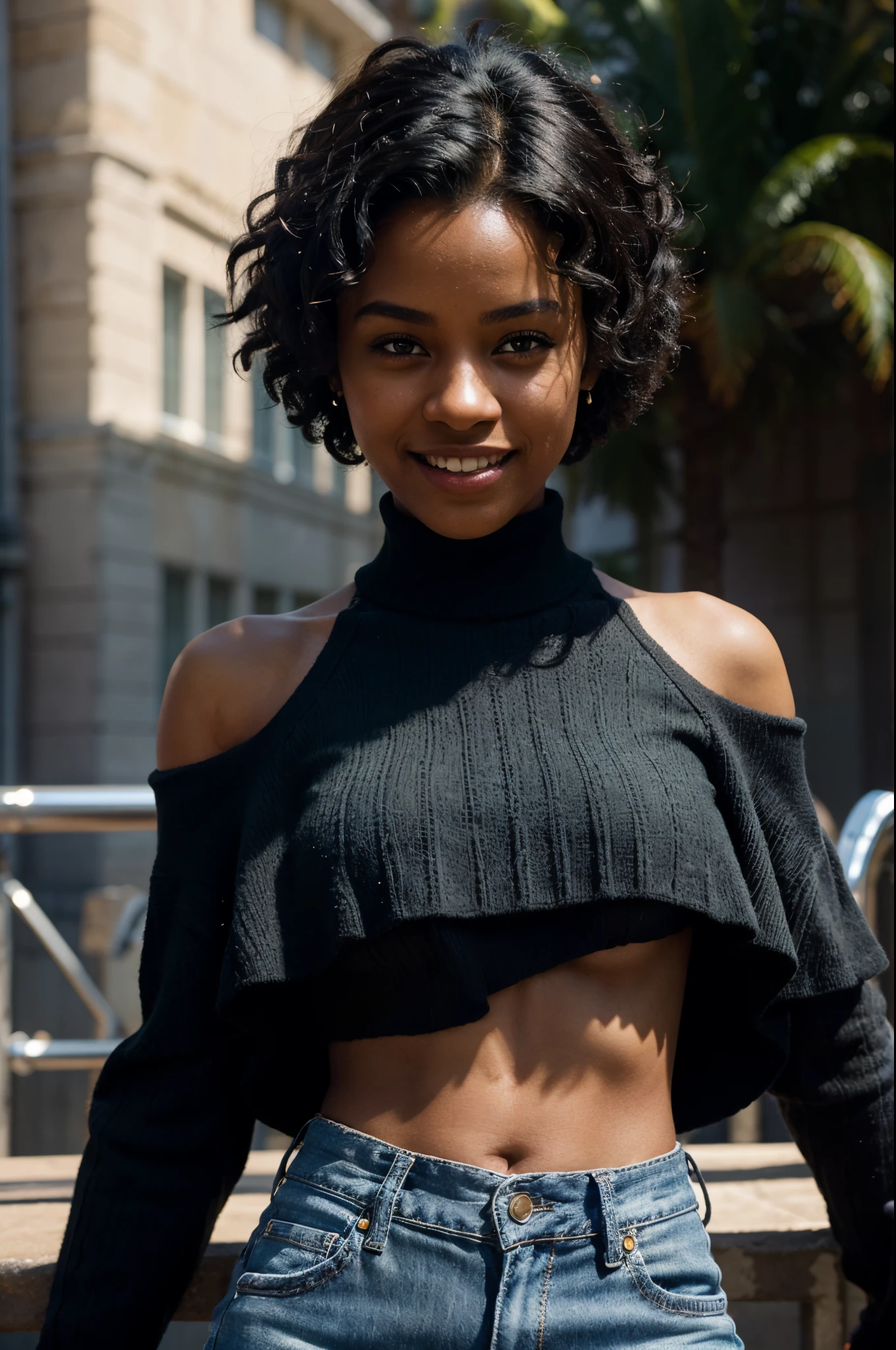 masterpiece, best quality,  a dark skinned black woman wearing a detailed green turtle neck sweater with a intricate black cruiser jacket with blue jeans at a street party at night, asymmetrical afro haircut, jacket off one shoulders, midriff, smile, teeth, insane ultra hires, extreme intricate details, tooth gap, round ass

HDR, natural lighting, volumetric shading, dynamic pose, Hyperrealistic,  realistic lighting, dramatic shadows, hard focus, high contrast, dramatic perspective

dramatic shadows,