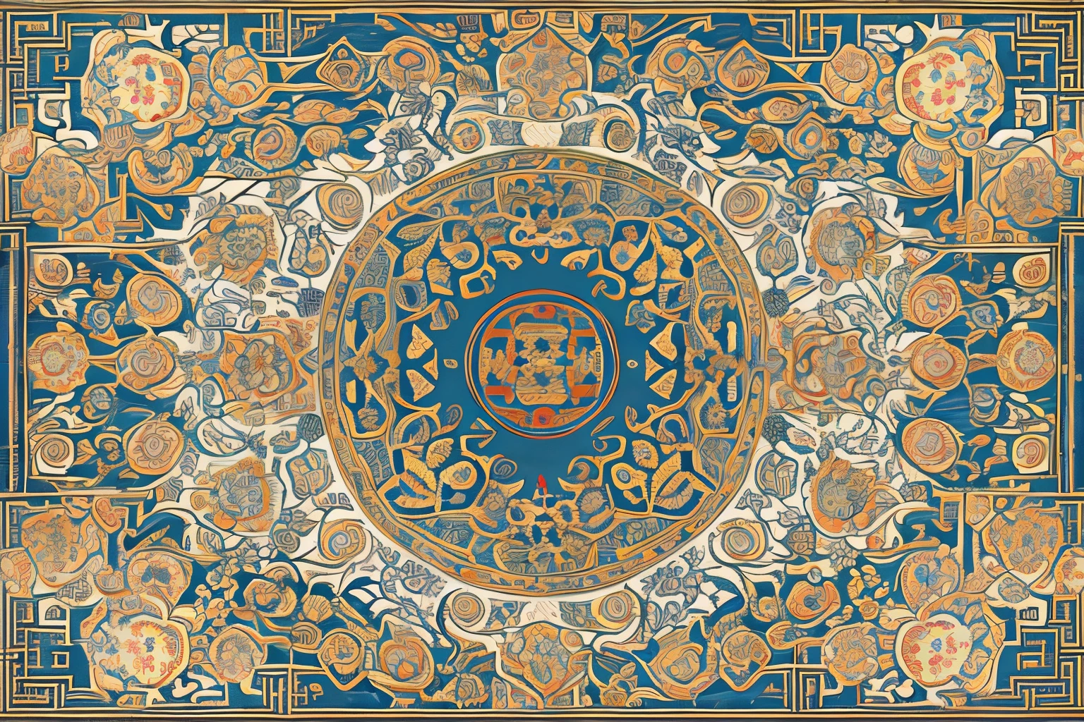 Chinese carpet,Elegant,axial symmetry of pattern,Contains Chinese style borders,lines are straight,Overall symmetry,datura,Ancient decorative illustrations,Highest image quality,highest details,ornate motifs,oriental art nouveau,Buddhist mandala,Add Chinese palace elements,