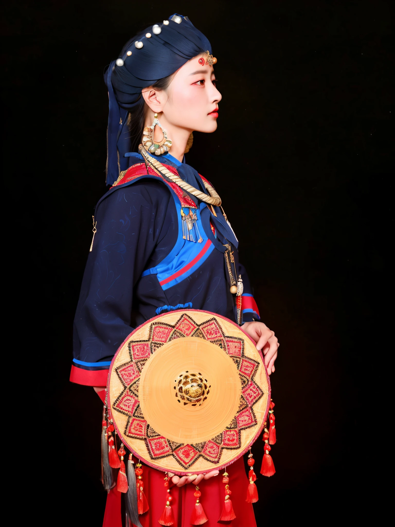 Arafad woman in traditional dress holding drum,Look elsewhere, traditional cut suit, traditionalcostumes, Inspired by Fu Miao, traditional garb, Chinese traditional, traditional garb, inspired by Dai Xi, wearing an elegant tribal outfit, Inspired by Gong Xian, this custom, Inspired by gold farmers, Inspired by Luo Mu, traditional garb, tribe outfit