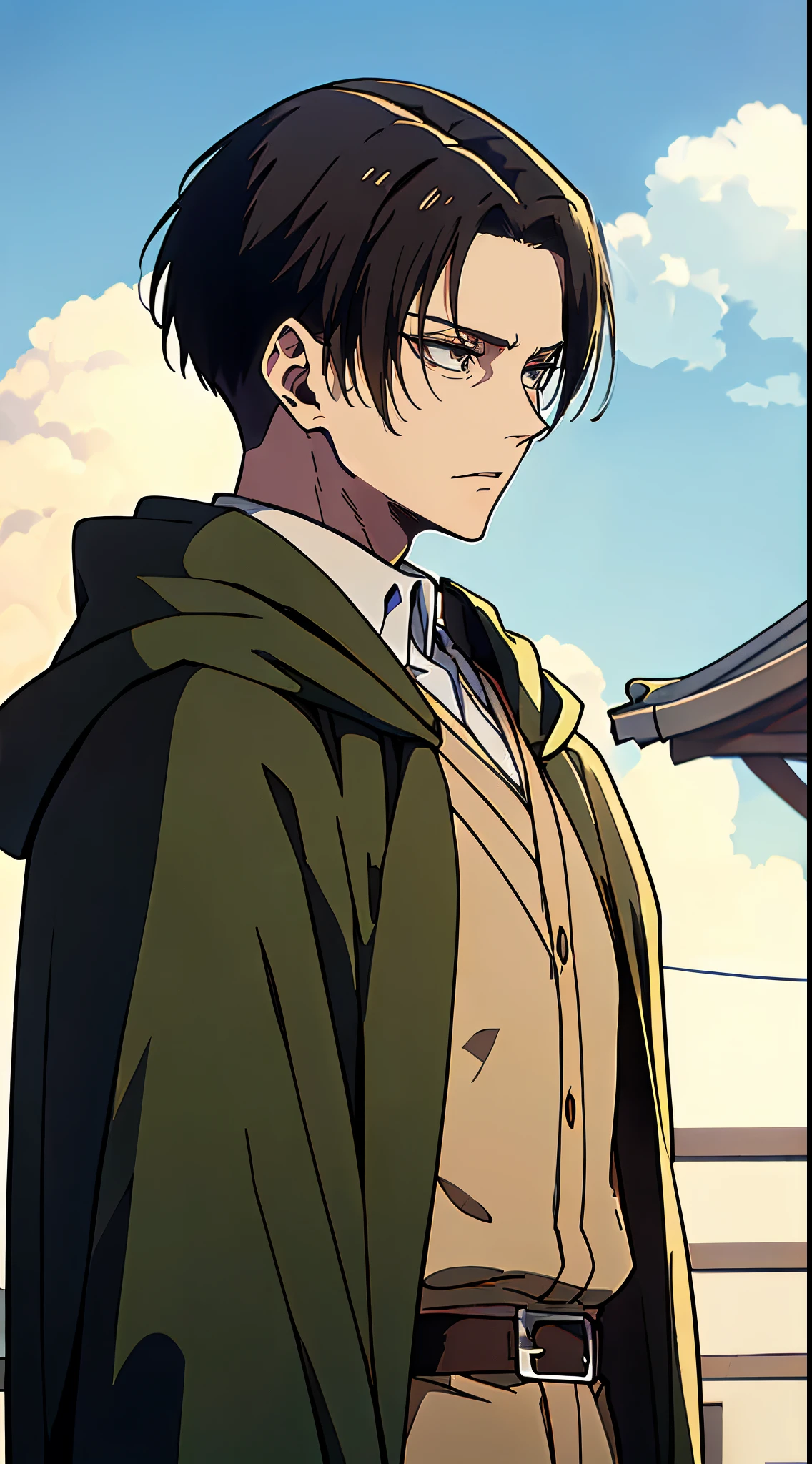 ((4K works))、​masterpiece、（top-quality)、((high-level image quality))、((One Manly Boy))、Slim body、((green survey corps cloak fashion))、((Men's Fashion))、(Detailed beautiful eyes)、town in the morning、Levi Ackerman、Attack on Titan、((short hair above the ears))、((Smaller face))、((Neutral face))、((28 year old))、((Handsome man))、((Korean Makeup))、((elongated and sharp eyes))、((Black eyes))、((Like a celebrity))、Everyday photography、((Shot alone))、((Shot diagonally from the side))、((Upper body photography))、((Sharp eyes))