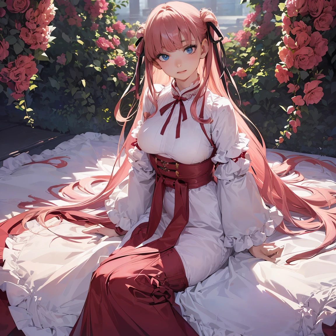 (finely detailed beautiful eyes and detailed face,masterpiece sidelighting,masterpiece,best quality,detailed,high resolution illustration),, (1girl,whole body,bishoujo,lustrous skin,looking down,looking at viewer),, (pink hair,blue eyes,ribbon,hanbok, korean clothes), (clothed_underbust:1.2),underboob,