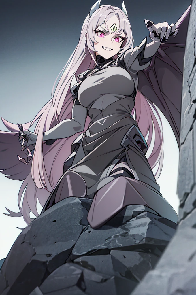 Anime Gargoyle woman. Gray stone skin, Long dark gray hair, pink eyes, long stone gray color claws, Giant stone gray color wings, long stone gray color tail, sharp teeth, lust smile, big gray horns on forehead, Castle background.