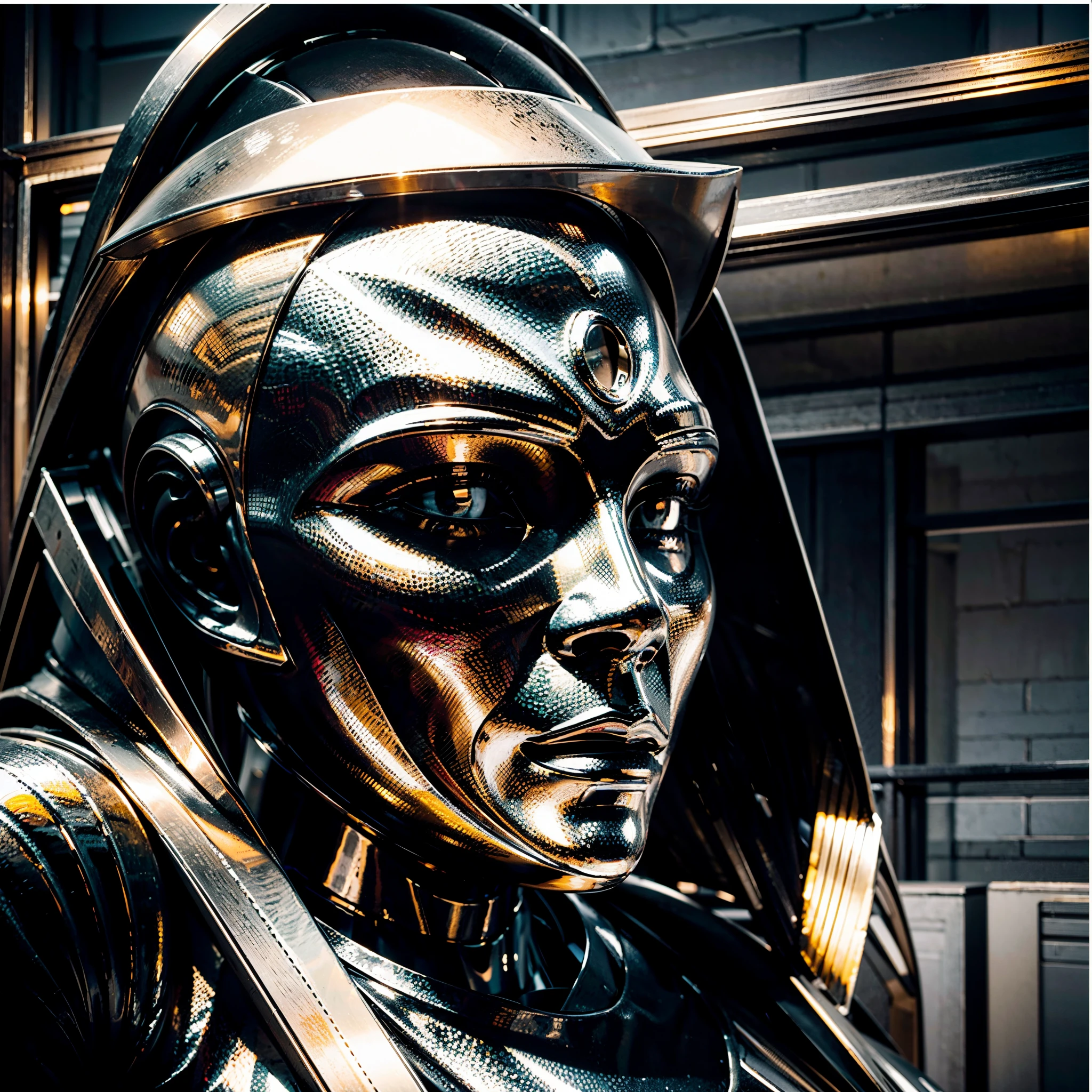 a large metal sculpture of a man's face with a metal frame around it. Her face appears to be made of metal and has a serious expression. The metal frame around her face is made of various shapes and sizes of metal plates, giving the impression of a futuristic, industrial design. The overall effect is one of a robotic, mechanical appearance. The image is dark and moody, with a cloudy sky in the background. --iw 2 --s 750 --v 5. 2 --style raw --ar 5:4
