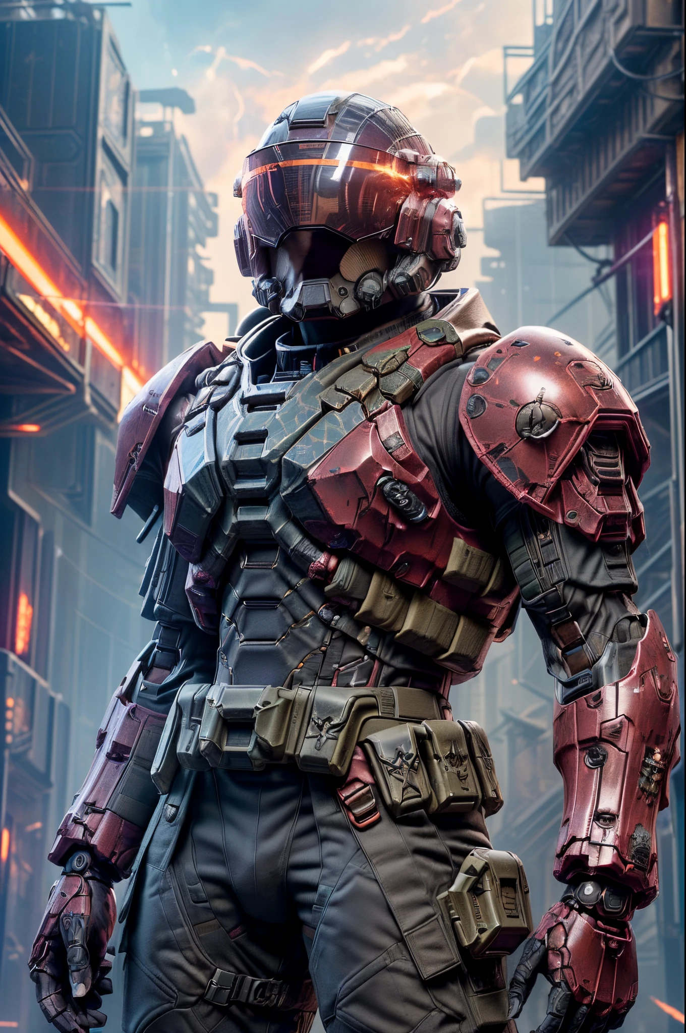 ((An epic and visually stunning digital artwork featuring a feminine male space marine with a (scifi tactical armored space marine helmet with a orange visor))), ((armor plated flat masculine chest. The character is adorned in a scifi tactical armored trench coat over a form fitted armor plated space suit, the armor plating on the upper arms and shoulders beautifully engraved)). The image showcases the beauty and elegance of the character, ((capturing their flamboyant essence and heavy tactical aesthetic)). The character also possesses an androgynous charm, with slim yet heavily muscled physique, sylphlike with a beautiful feminine waist and toned yet beautifully sleek cybernetic arms, gothic tribal markings flowing up their abs and down their arms, adding to their unique appearance, looking at viewer