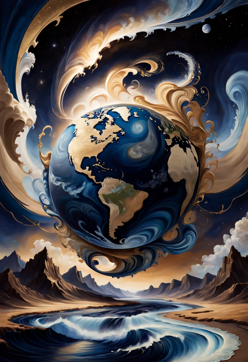 Earth floating in space，giant earth in the center，with a planet in the background，with a river running through it, Marble style, dark navy and light brown, Heather Serrell, airbrush art style, dark beige and indigo, ZBrush, swirles, historical imagery, dreamlike realism, tumblewave,Earth with a river in the background, otherworldly painting style, swirles, reality transformation art, dark navy and light brown, air brush art, reality transformation art, Alejandro Jodorowsky, swirles, deep gold and indigo, multilayered realism, mind-bending murals