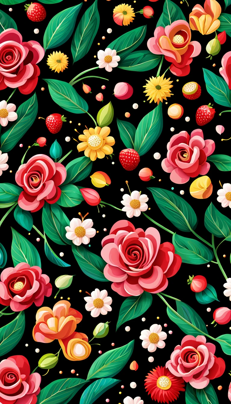 Seas of freshness with the Ocean Rose — ocean breeze, sun-bleached driftwood, and a touch of salty sea air. colorful pearls, jewels, ((butterfly)), ((yellow small stars)), (strawberry), rose,  || (embroidery) seamless pattern, fruit, butterfly, Best quality, masterpiece, ultra high res, (photo realistic:1.4), surrealism, dream-like, ((abstract art)), vector arts, ((black background)) a close up of a floral pattern on black background, floral wallpaper, ornate floral, floral pattern, floral explosion, floral! intricate, floral flowers colorful, chinoiserie pattern, flowery wallpaper, floral renewal, with colorful flowers and plants, floral dream, garden flowers pattern, floral patterned skin, floral design, floral motives, boho floral vines