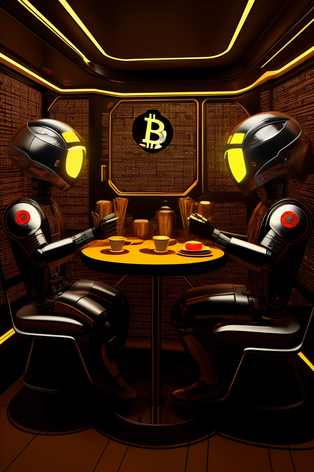 Robo bitcoin, cybernetic diner, armadura bitcoin, arte surreal, pilulas bitcoin, personagem robo alien com armadura