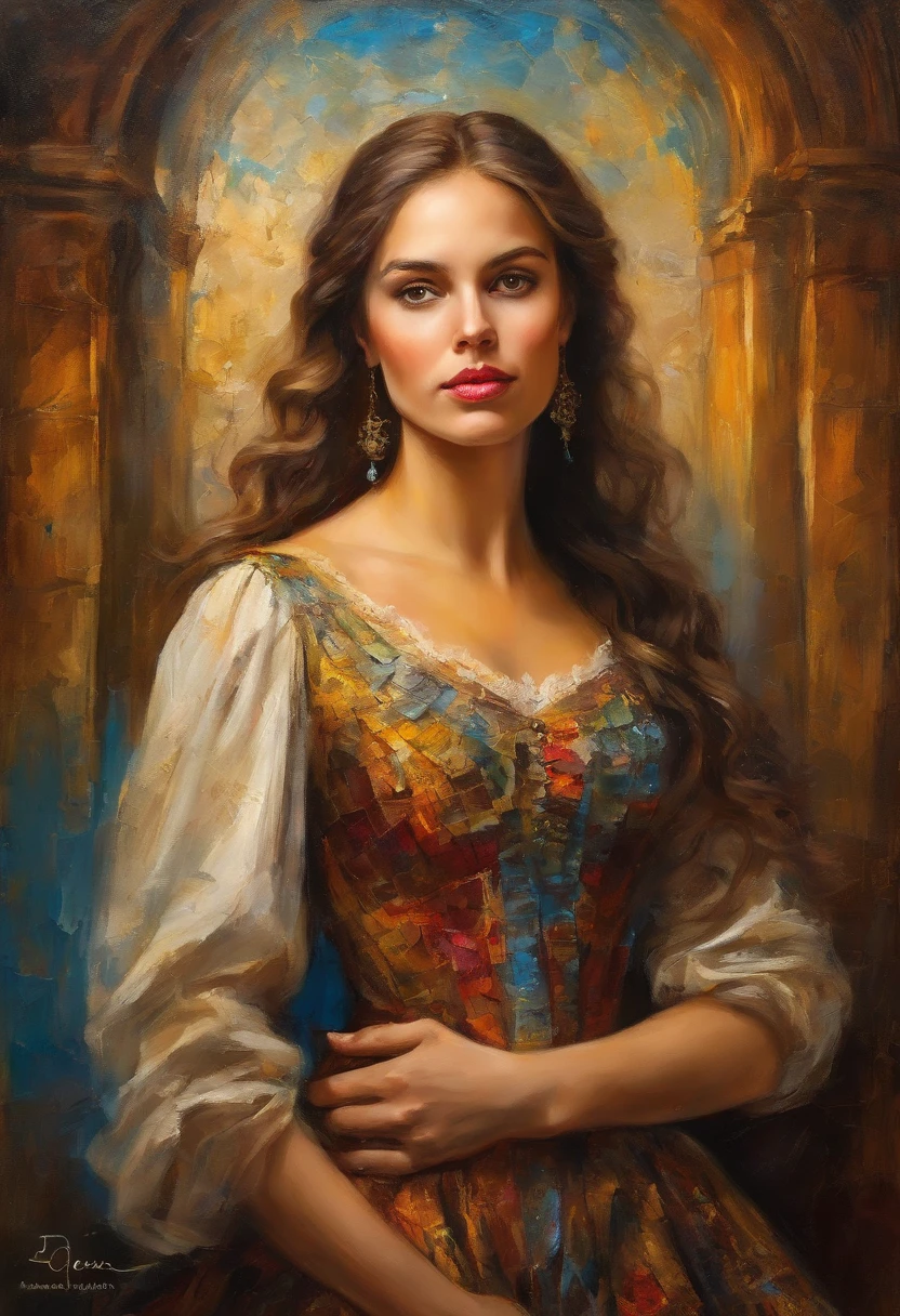 Van Gogh's  beautiful girl with splashes of CMYK paint, High-quality, 4K, masterpiece:1.2, ultra-detailed, photorealistic:1.37. Oil painting, Renaissance style. Intense lighting, highlighting the subject's face and figure. The girl has delicate features with detailed eyes, lips, and long eyelashes. Her eyes are filled with emotion, and her lips are perfectly sculpted. She is wearing a flowing dress in the style of the Renaissance, with intricate patterns and vibrant colors. The background is an old cathedral, with dramatic light streaming through stained glass windows, casting a beautiful glow on the girl. The paint splatters on her and around the scene create a dynamic effect, adding depth and movement to the painting. The colors used are vibrant and bold, iThe overall composition is balanced and visually appealing, capturing the essence of both the girl .