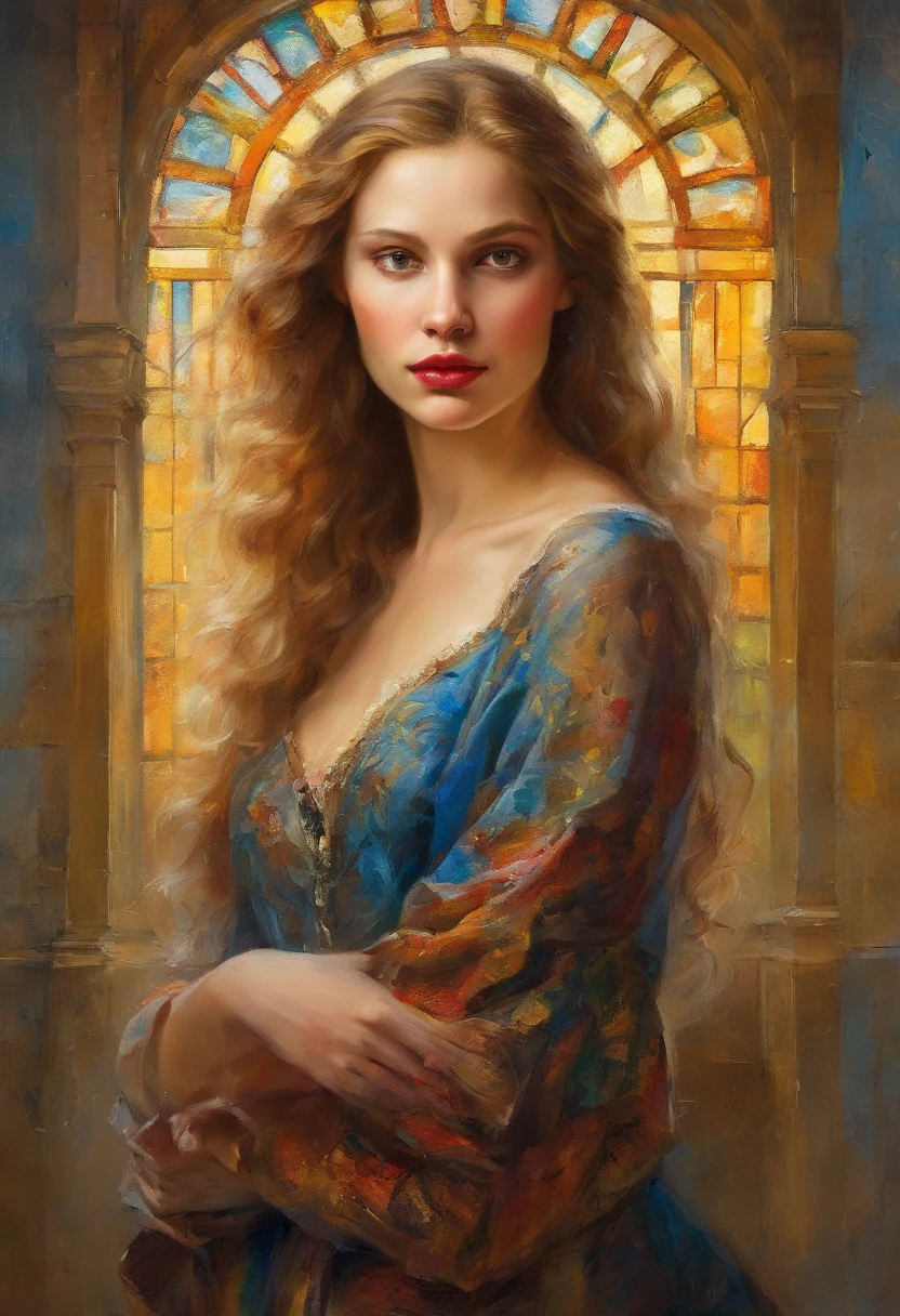 Van Gogh's beautiful girl with splashes of CMYK paint, High-quality, 4K, masterpiece:1.2, ultra-detailed, photorealistic:1.37. Oil painting, Renaissance style. Intense lighting, highlighting the subject's face and figure. The girl has delicate features with detailed eyes, lips, and long eyelashes. Her eyes are filled with emotion, and her lips are perfectly sculpted. She is wearing a flowing dress in the style of the Renaissance, with intricate patterns and vibrant colors. The background is an old cathedral, with dramatic light streaming through stained glass windows, casting a beautiful glow on the girl. The paint splatters on her and around the scene create a dynamic effect, adding depth and movement to the painting. The colors used are vibrant and bold, iThe overall composition is balanced and visually appealing, capturing the essence of both the girl .