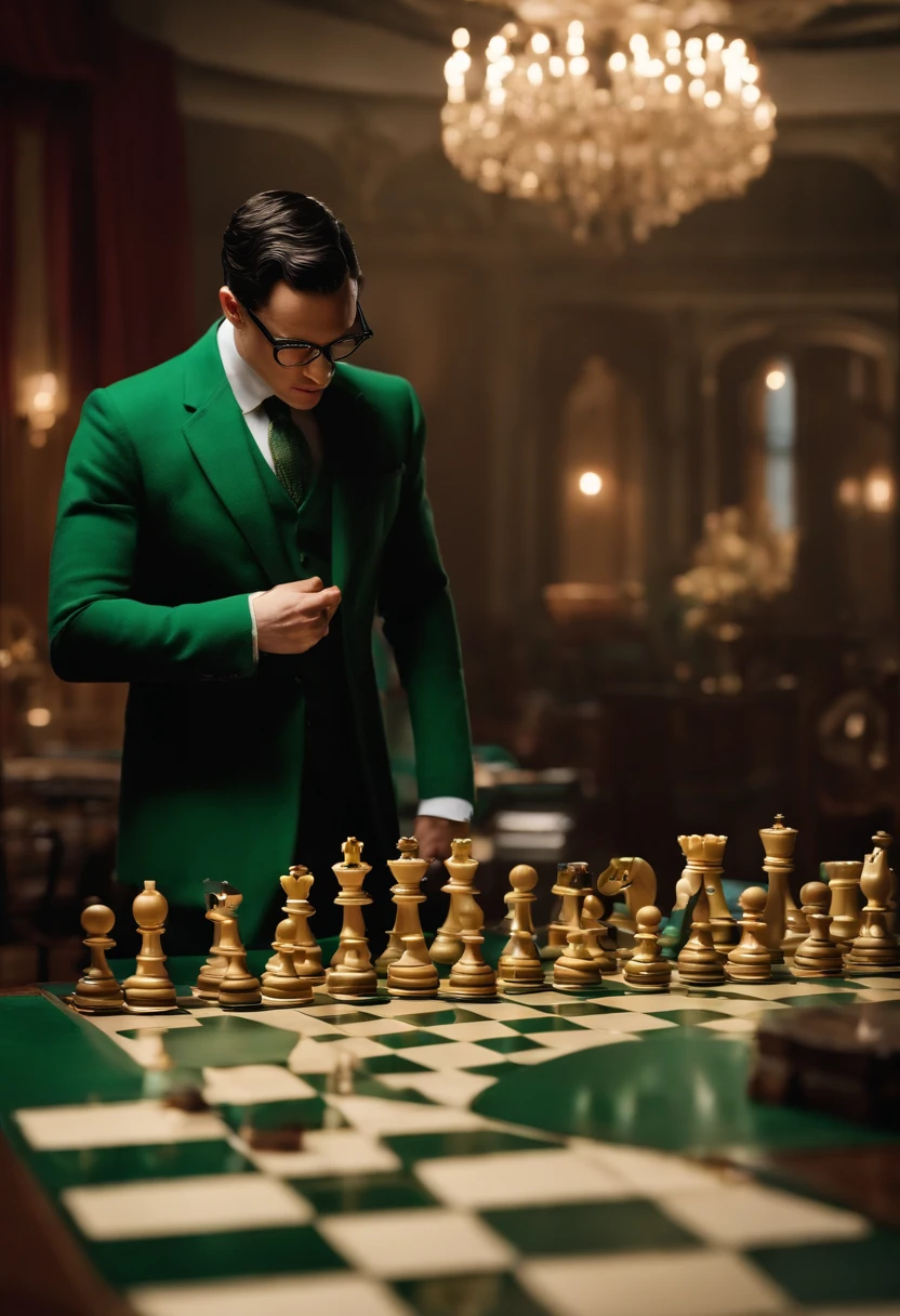 A perfectly arranged chess board with pieces in a complex mid-game position,Batman,Ed is tall with neat black hair, glasses, wears a green suit, wears a bowler hat, famously portrayed by Cory Michael Smith