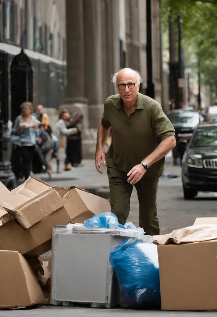 A photo of Larry attempting to build a makeshift shelter out of cardboard boxes on a busy sidewalk.,Curb Your Enthusiasm,Larry David, the character from “Curb Your Enthusiasm,” mirrors his real-life counterpart with a casual, often disheveled appearance, typically seen in khaki pants, a loose-fitting shirt, and sneakers. He is balding, with a rim of curly hair, and he carries a bemused expression that often shifts into one of exasperation or incredulity