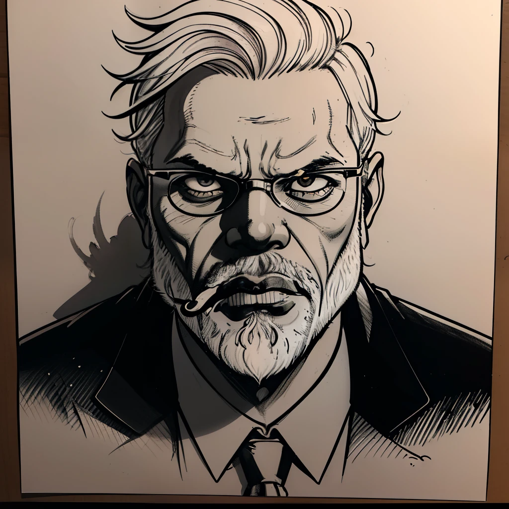 pencil and ink illustration, portrait of Narendra Modi, wearing eyeglasses, cigar in mouth, angry face, duo tone lighting, comic style, cartoon, extreme sharp, extreme detail, HD, HDR, 8K, masterpiece, best quality, best resolution, detailed face, detailed eyes, focused