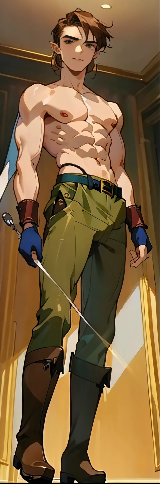 (highest resolution, distinct_image) best quality, a man, solo, masterpiece, highly detailed, semi realistic, brown hair, bangs, (25 years old:1.4), mature, tall strong,paladin,(luxury hotel room background:1.2), cold, serious, tall, handsome, powerful, demi-god, godlike, exquisite facial features, (full body)(combat_boots:1.4)(wide cotton dark military pants:1.3),( gloves:1),solo,(looking at viewer),(from below:0.4)(head turned upwards:0.3)(smiling:0.4)(holding whip:1.2)(muscular:1.2),(standing on ground), (marble floor)(mean:0.4)(seductive:0.5)(evil:0.9),detailed,(abs:0.9)(bdsm Equipment),(Link:1.3),Warrior,knight,(masculine face)(big cape:1.1),(wide face),(shirtless,topless:1.4),wild hair,(belt)(detailed:1.6)(bdsm), seductive, possessive, mean, smug (from below:1.3),prince,maledom