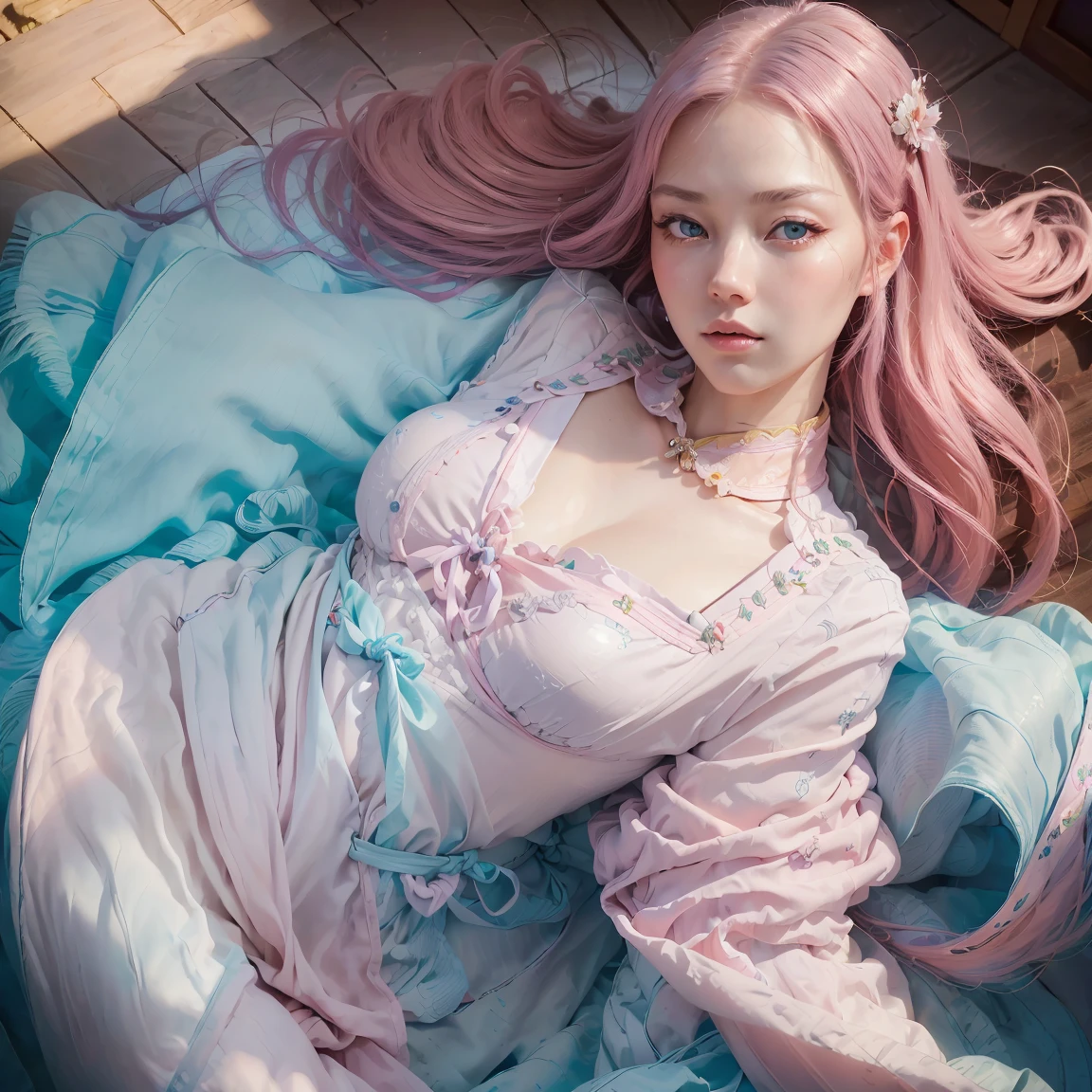 (finely detailed beautiful eyes and detailed face,masterpiece sidelighting,masterpiece,best quality,detailed,high resolution illustration),, (1girl,whole body,bishoujo,lustrous skin,looking down,looking at viewer),, (pink hair,blue eyes,ribbon,hanbok, korean clothes), (clothed_underbust:1.2),underboob,