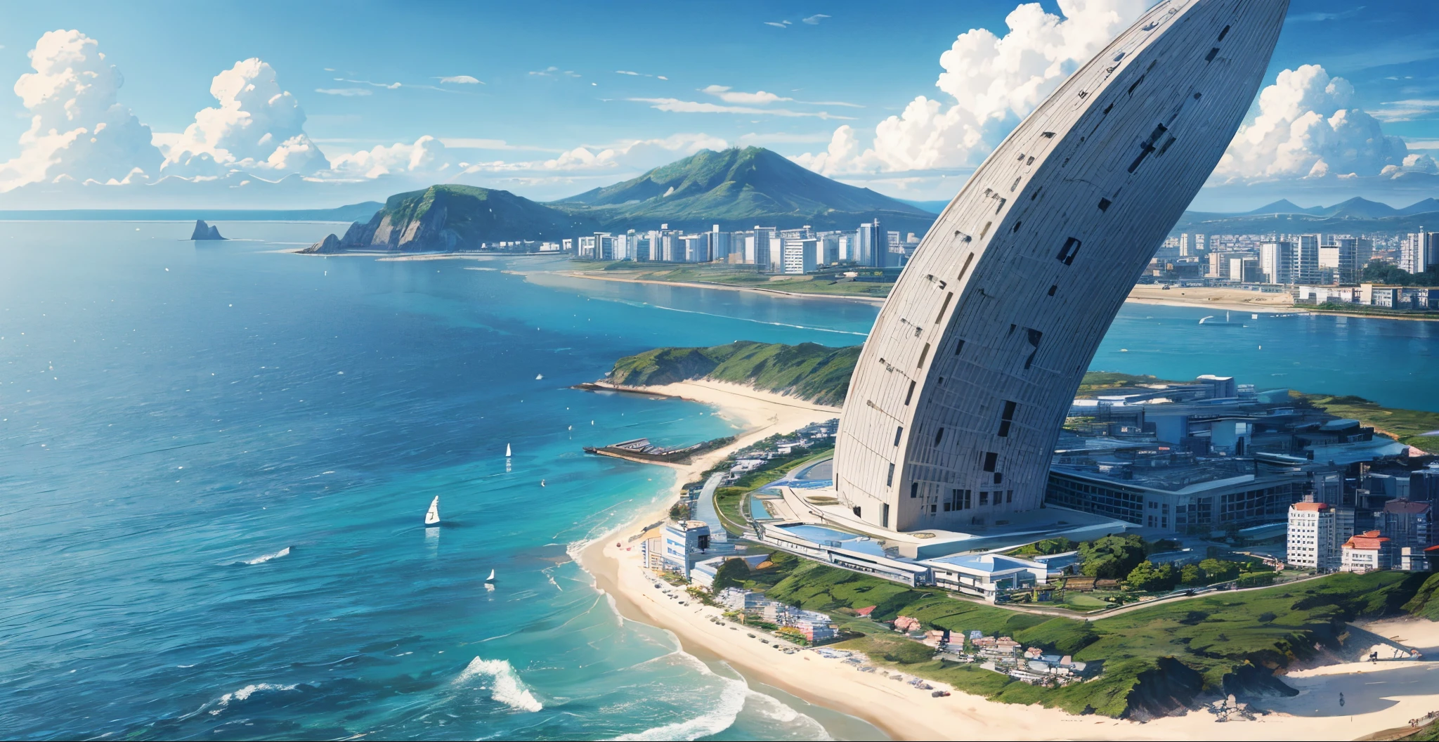 Artwork quality,Very detailed seaside background,The only giant U-shaped magnet-shaped skyscraper,like a magnet,curved roofs,(from the distance, Looks like a U-shaped magnet on the sea),no other buildings,ultra - detailed,Very high definition,high detal,japan manga style