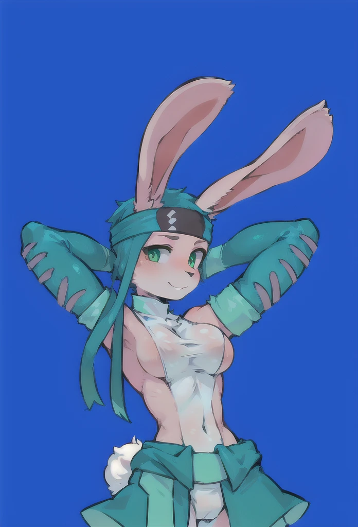expressive eyes, (masterpiece), best quality, Ninja Rabbit, with long floppy rabbit ears, bunny ears, bunnypunk, bunny girl, female fursona, rabbit Ninja, cell shaded adult animation, rabbit ears, rabbt_character, teasing smile, pink skin, white tight suit, green eyes, furry bunny ninja, big boob, cyan headband