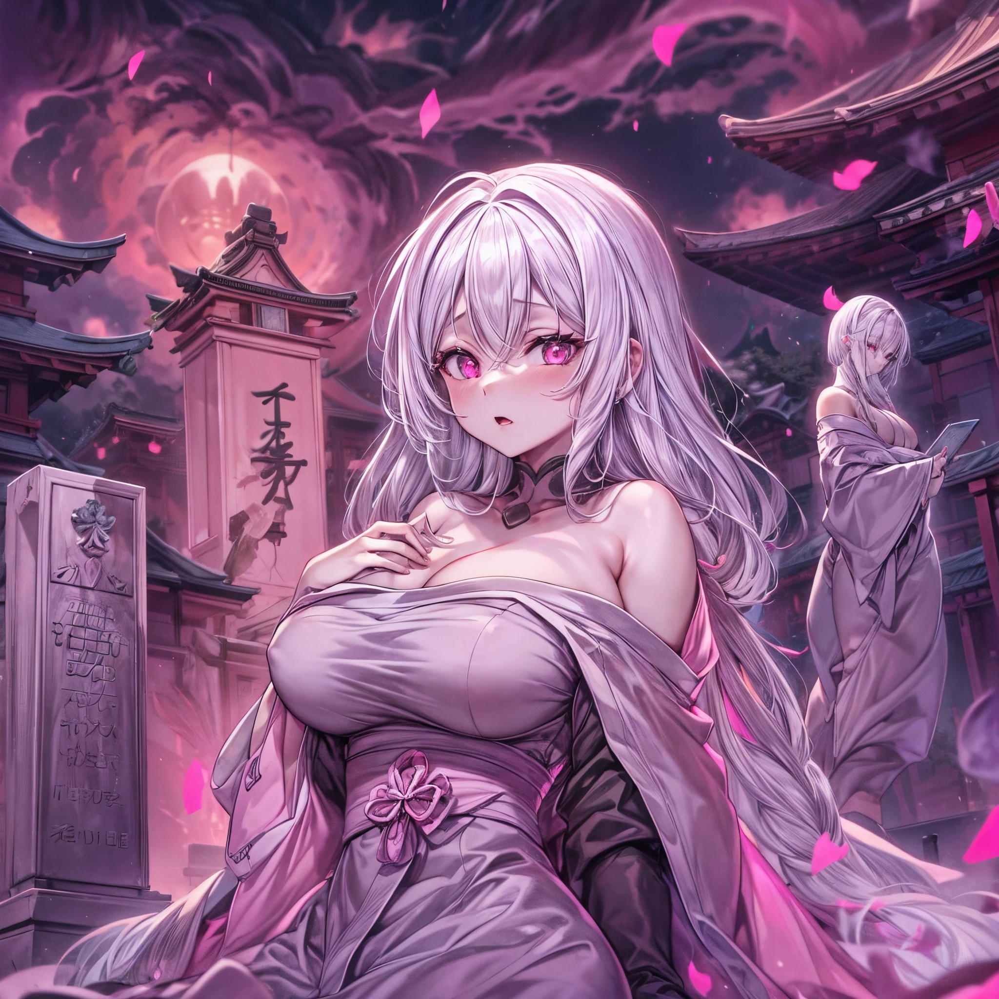 Masterpiece, 1girl,solo,huge breasts, ghost costume , (hitodama) ,night, tombstone, graveyard,,, long sleeves, very long sleeves, , ghost, pale skin,, off shoulder, cleavage, no bra, (((extremely long white hair))), lying by tombstone, bare legs, shredded tattered clothes, curvy wide hips, massive breasts, chubby thighs, (((beautiful bright pink anime eyes))), japanese temple, from above, full lips, beautiful mature face, MILF, FANGS