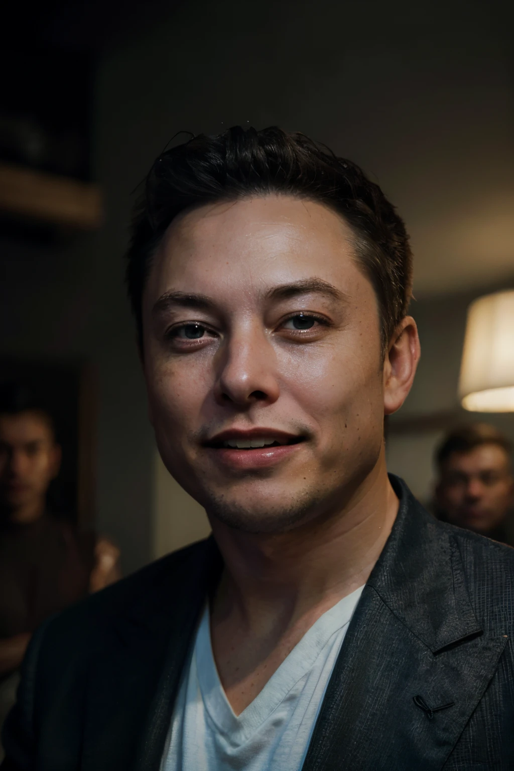 (best quality,4k,highres,masterpiece:1.2),realistic,portrait,painting,elon musk,laughing a lot,looking to the right,wearing a sleek suit,detailed facial expression,happiness and joy,sharp focus,ultra-fine painting,vivid colors,handsome,confident,professional lighting,subtle shadows,studio background,expressive eyes,charismatic smile,elegant pose,dynamic composition,captivating gaze,artistic brushstrokes,color harmony,atmospheric lighting,contemporary style