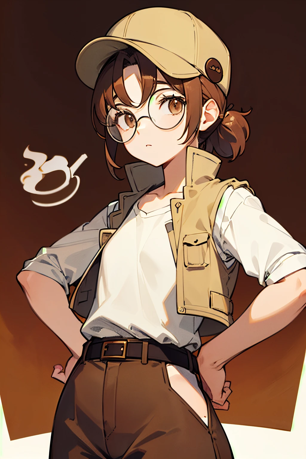 Fío germi, posando, coffee cap, Brown vest, camisa blanca, gafas redondas, mirada seria, hands behind your back