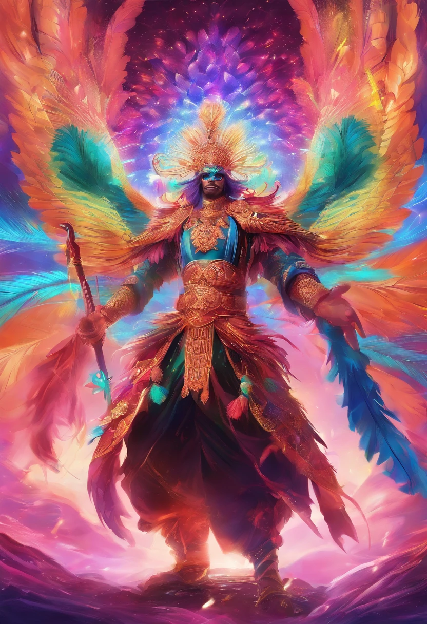 tmasterpiece，Super cool peacock ultimate warrior as a kung fu warrior，face stern，Random light and shadow，Random character background，Minimalist style，A glowing sword，Lotus flower as background，Impeccably clean，need，to emphasize，Bright and colorful shades，3 Background，A high resolution，     --with 9:16 -- two two five