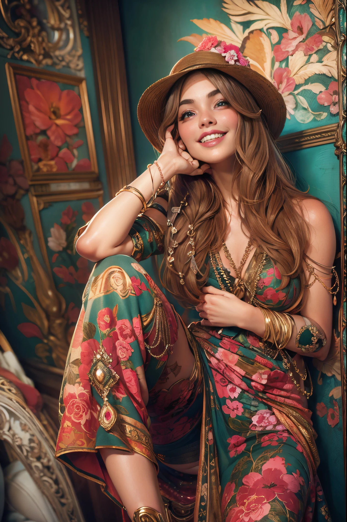 A beautiful hippie girl, Portrait photography by Art Germ, realism style, Lustrous skin, The main character of the cartoon, Natural light, tight lips, Strong body, Feminine body, full length, viewer, (Smile:1.2), Depth of field f/1.8, studio shot, (((looking in camera))), looking in camera, ((( Camera Eye))) , ellen von unwerth, (Sexy Pose:1.5),