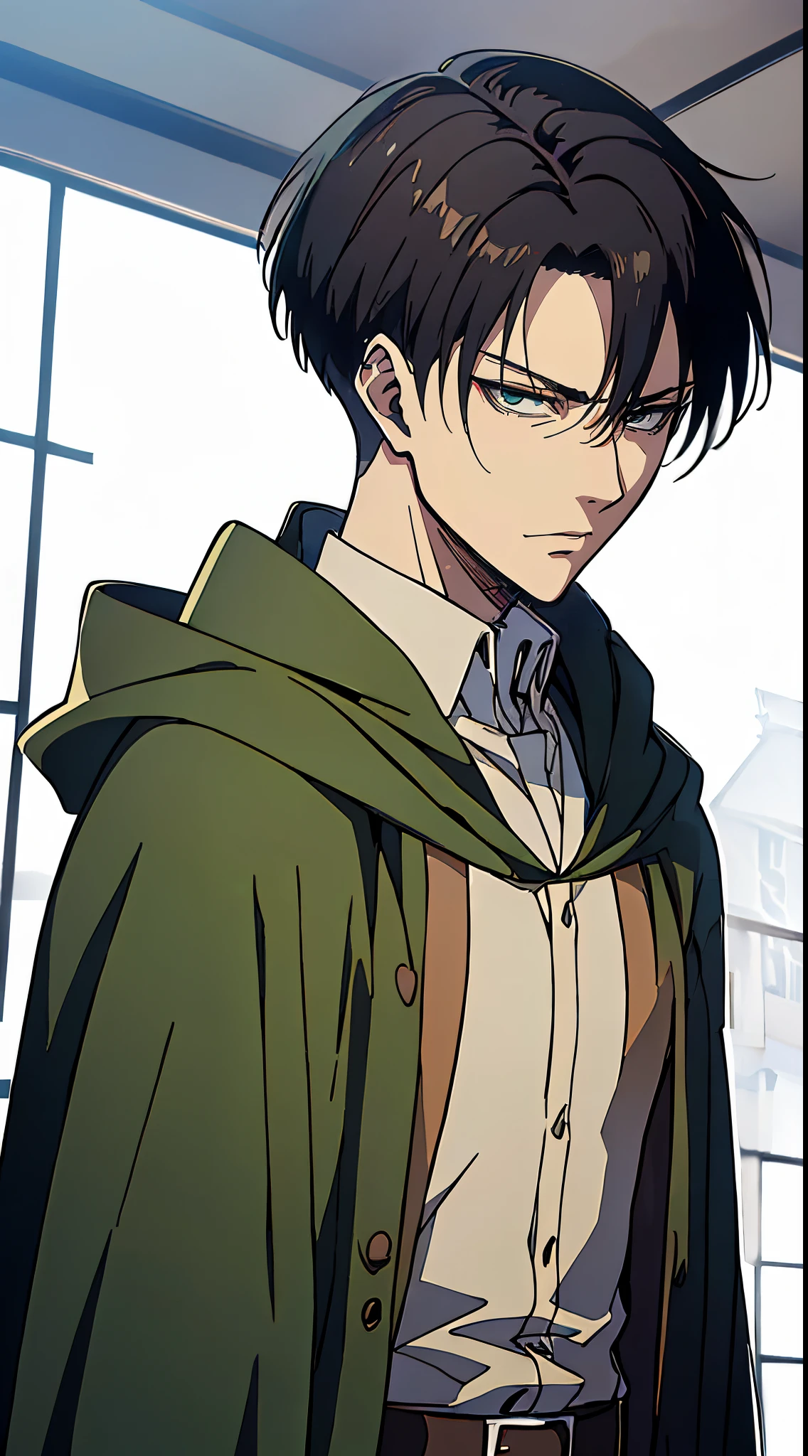 ((4K works))、​masterpiece、（top-quality)、((high-level image quality))、((One Manly Boy))、Slim body、((green survey corps cloak fashion))、((Men's Fashion))、(Detailed beautiful eyes)、town in the morning、Levi Ackerman、Attack on Titan、((short hair above the ears))、((Smaller face))、((Neutral face))、((28 year old))、((Handsome man))、((Korean Makeup))、((elongated and sharp eyes))、((Black eyes))、((Like a celebrity))、Everyday photography、((Shot alone))、((Shot diagonally from the side))、((Upper body photography))、((Sharp eyes))