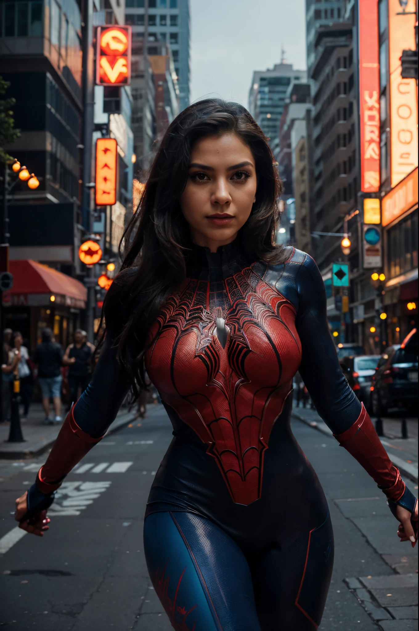 Emilia Clark、Sticking out the navel、newyork、She wears a torn Spider-Man suit,wearing skirt、 Red and black color scheme,Dynamic、​masterpiece、top-quality、ultra-detailliert、ighly detailed、beautiful detailed brilliance、超A high resolution