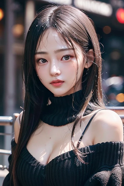 超A high resolution,masutepiece,Best Quality, ,perfect glossy shiny skins,Perfect Lighting,Detailed Lighting,Dramatic shadows,Ray tracing, 1girl in,Upper body,wet black virgin sweater, Looking at Viewer, off shoulders, medium breasts、 Exposed cleavage, , Sharp face, Sharp eyes, Cyberpunk
