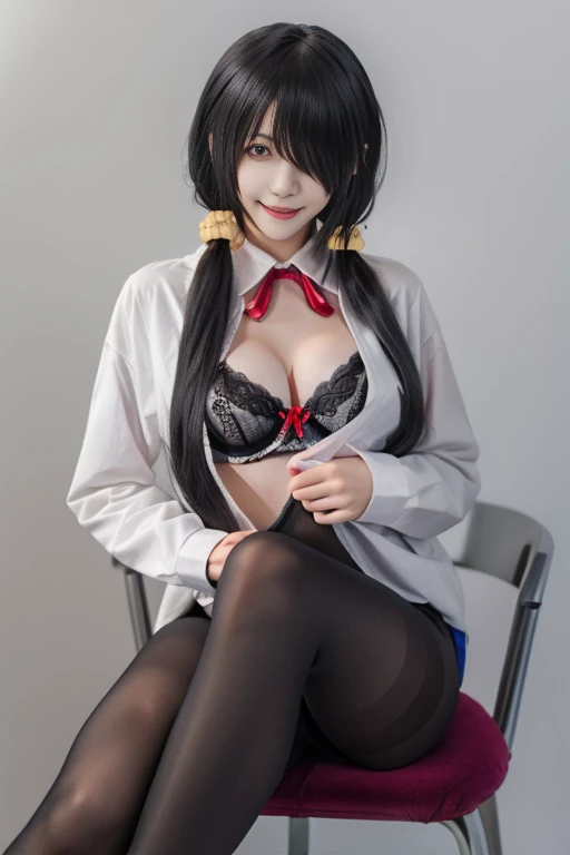 best quality, masterpiece, real,realistic, photo,photorealistic,cowboy shot, 
1girl, tokisaki kurumi, jkxf,
 solo, tokisaki kurumi, pantyhose, long hair, black hair, twintails, underwear, hair over one eye, red eyes, ((black lingerie)), black pantyhose, sitting, looking at viewer, breasts, simple background, no shoes, hair ornament, lips, low twintails, lace, chair, medium breasts, lace-trimmed bra, smile, grey background, parted lips, very long hair, long sleeves, lace trim, collared shirt, undressing, legs,