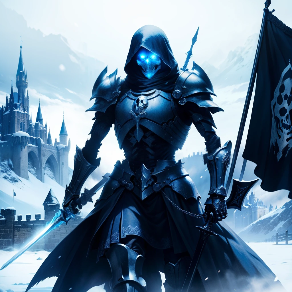 Skeleton Warrior, ride on skeleton horse, Skull face, Black armor, blue aura, Holding a long sword and shield, snow, castle