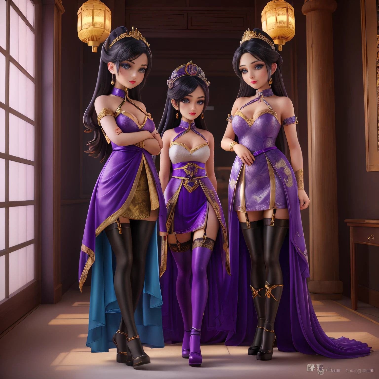 ((super realistic details))、3 girls, there are 3 girls on the picture, bedroom background, touching eachother, kissing eachother, intimate, portlate、globalillumination、Shadow、octan render、8K、ultrasharp、Steampunk Body、Details of complex ornaments、cold color、Gothloli details、highly intricate detail、Realistic light、CGSoation Trends、a purple eyes、having vivid purple eyes, radiant eyes、Facing the camera、neon details、The cleavage is visible、is standing、full bodyesbian、full body shot, long legged、Twin-tailed, 8K,Photorealsitic Raw photography top-quality;1.4) Super beauty (Lifelike face) long blue-black hair Straddling a woman and looking into her face Illusory Empress with Glowing Purple Eyes, ice cold lighblue vivid eyes, Aristocratic large-chested exterior of black and silver color Black and gold trousers Golden decoration glares Equipped with a sword at the waist Wearing black leather gloves Ruins Gwaitz style Purple Rouge realisitic Precise details unrealengine Beautiful expression Details of each part 超A high resolution A hyper-realistic enticing Foot Armor real looking skin Fantasy Queen An inviting gaze , Sexy, sexy body pose, , teengirl, asian princess, queen, chinese empress, seductive, wearing elegant dress, asian style clothing, hanfu, asian style, long dress, princess dress, lifting skirt up, traditional dress, collar, tiara on head, head ornaments, corsait, BDSM, leather, lace stockings, garter belt, high heels, high boots, lace very long gloves, ponytail, colorful lipstick, long hair, full body shot, shot from behind, standing back to viewer, looking at viewer, restored faces, very detailed faces, beautiful face