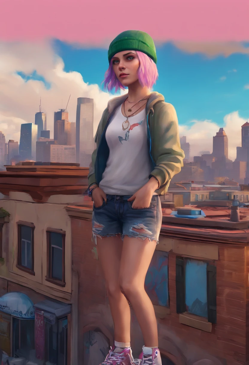 Chloe standing on top of a graffiti-covered rooftop, holding a skateboard with the city skyline in the background,Life is Strange video game series,Chloe is a tall white age girl, with very short blue hair with pink roots, green eyes, punk aesthetic