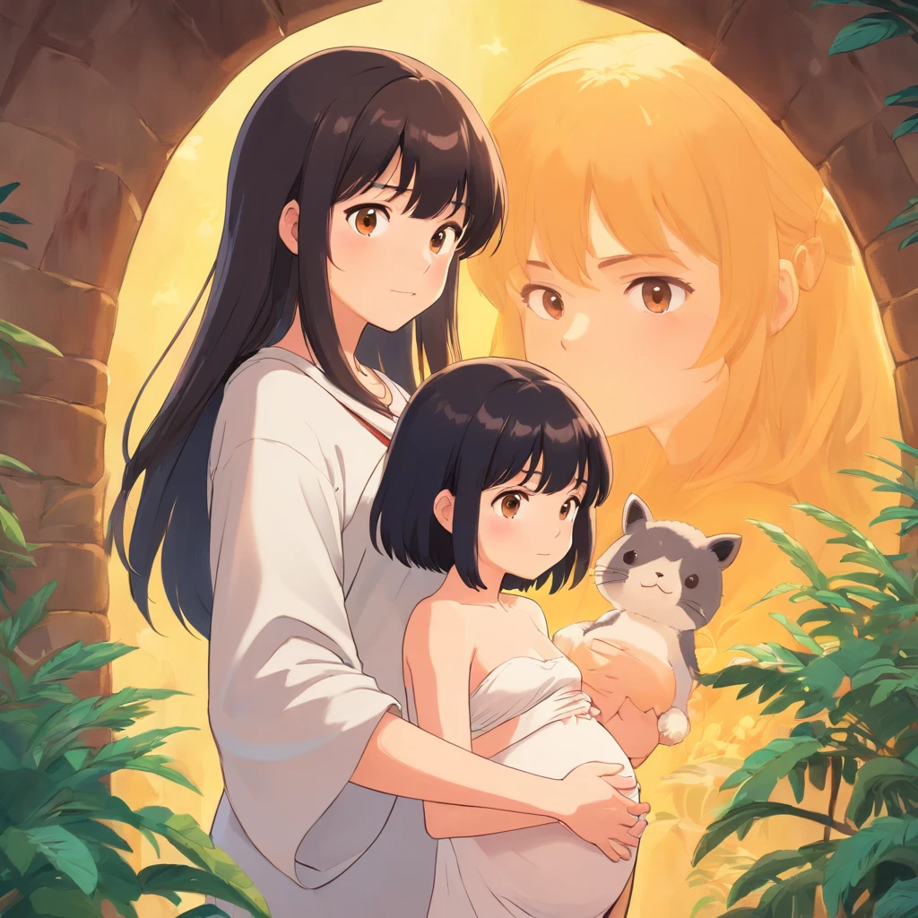 A pregnant girl with white skin and bangs and black hair With a buscando the boy With Brown skin and Straight hair with side bangs