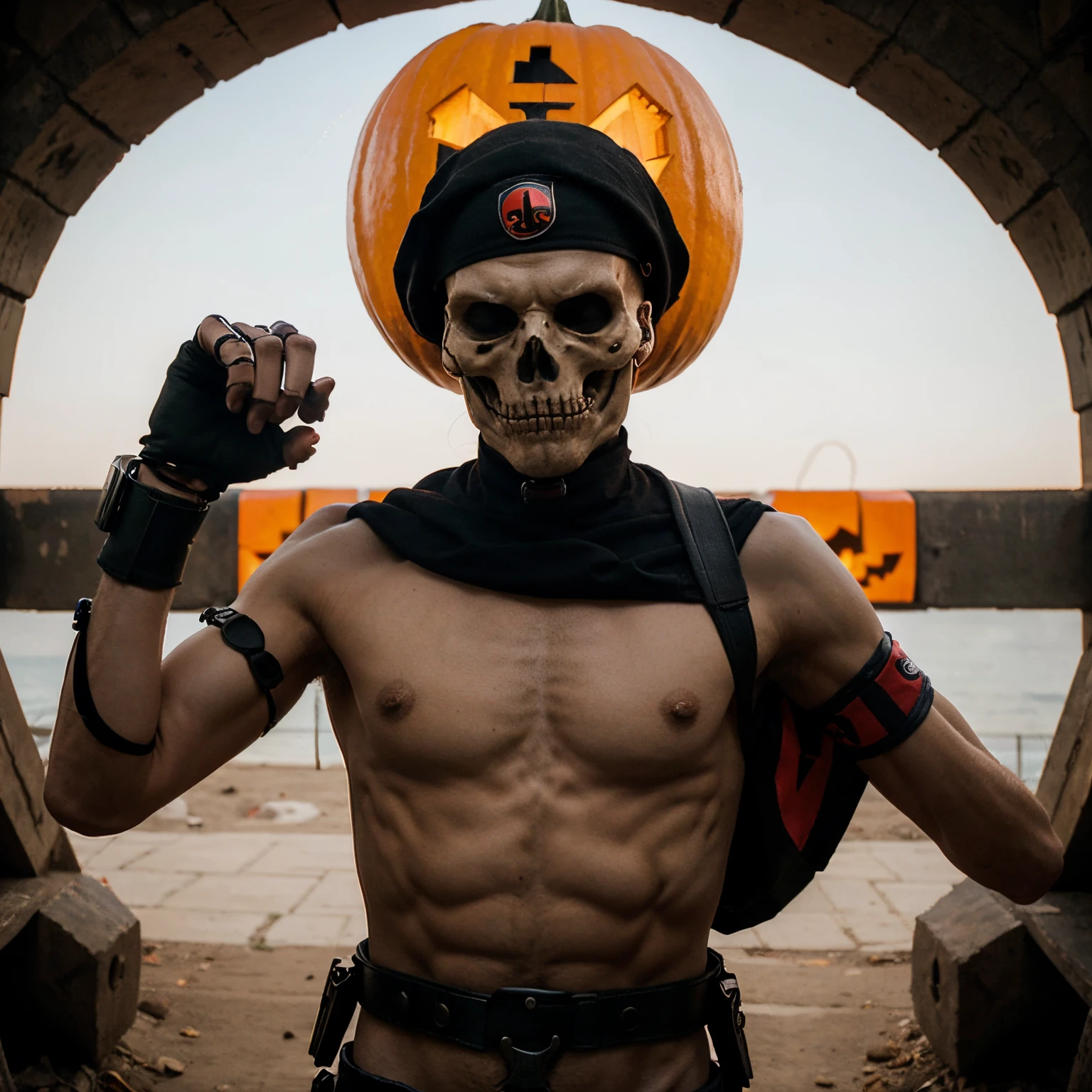 Skeleton man with round head, fascist attire, red armbands with pumpkin emblems