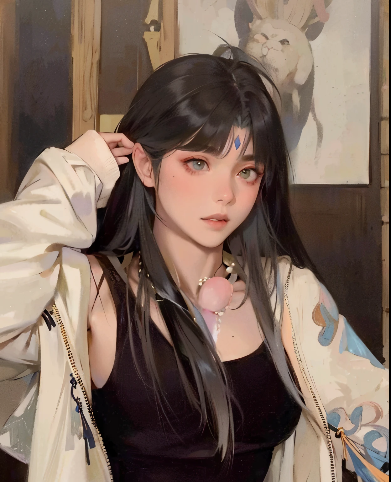 there is a woman with long hair posing for a picture, Ulzzang, cruel korean goth girl, Ela tem cabelo preto com franja, branco hime corte penteado, coreana, preto hime corte cabelo, com franja completa, O corte Hime, com franja, cabelo comprido com franja completa, cabelos longos com franja, com cabelos longos, Franja reta longa