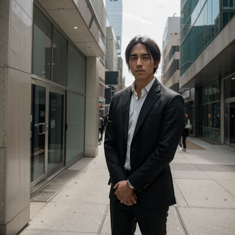 8k, RAW photo, Fujifilm xt5, photo of Eren Yeager, standing wearing a business suit, outside of a white modern building new York city, perfect photography, portrait, professionalism, attack on Titan, live action, 85mm, f 2.8