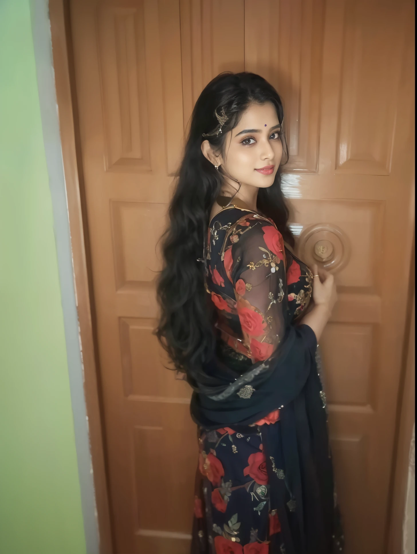 a young Indian lady in bridal wear, bride, big deep cleavage, large breasts, 8k, ultimate details, photo-realistic, light smile, charming eyes, eos mark III, 85 MM, photo real, hyper realistic skin tone and details, smooth skin, detailed eyes, detailed lips,