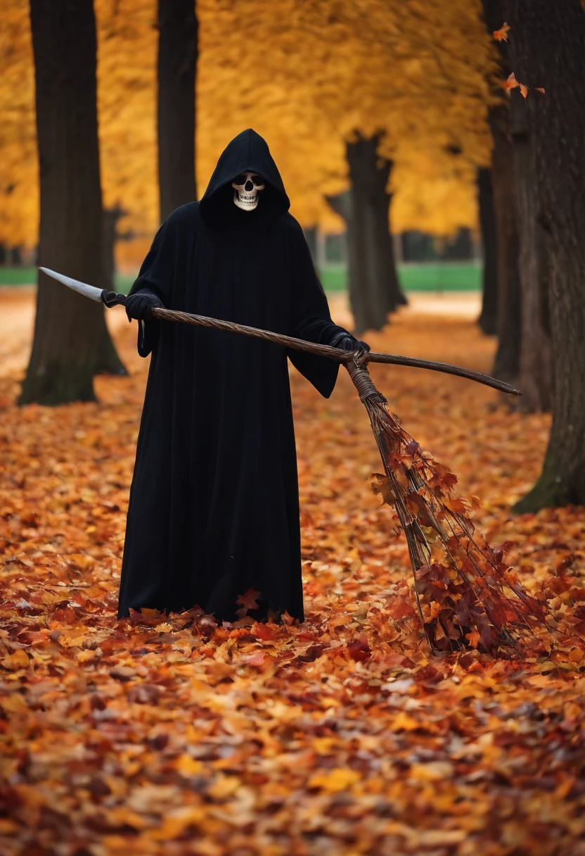 A photo of the grim reaper rearranging colorful autumn leaves into a beautiful pattern on the ground,original,grim reaper