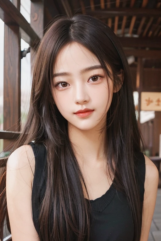 masterpiece, The highest image quality, hightquality, beautiful a girl, japanes, Japan schoolgirl, Popular Korean Makeup, detaileds, Swollen eyes, A detailed eye, Detailed skin, Beautiful skins, 超A high resolution, (现实:1.4), very extremely beautiful, Slightly younger face, Beautiful skins, slender, (A hyper-realistic), (illustratio), (hight resolution), (8K), (ighly detailed), (The best illustrations), (beautifully detailed eyes), (ultra-detailliert), (wall-paper), (详细的脸), looking at the viewers, finely detail、A detailed face、pureerosfaceace_v1、A smile、Looking straight ahead、cowboy shot、photos realistic、Bright lighting、profetional lighting、Brown hair、length hair、Dark abandonment、Kiss Shot Acerola Orion Heart Under Blade