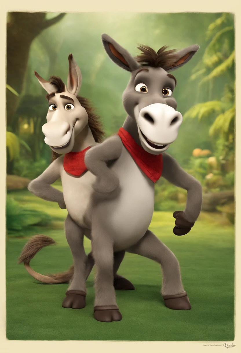 A boomerang of Donkey and his dragon friend doing a synchronized dance,Shrek,Donkey, the beloved character from the “Shrek” film series, is a small, gray donkey with wide, expressive eyes and an ever-present enthusiastic smile. His scruffy appearance, complete with a slightly tangled mane and a small, wagging tail, adds to his charming and endearing character. Donkey’s animated expressions and energetic body language play a significant role in conveying his emotions and enhancing the humor in his scenes.
