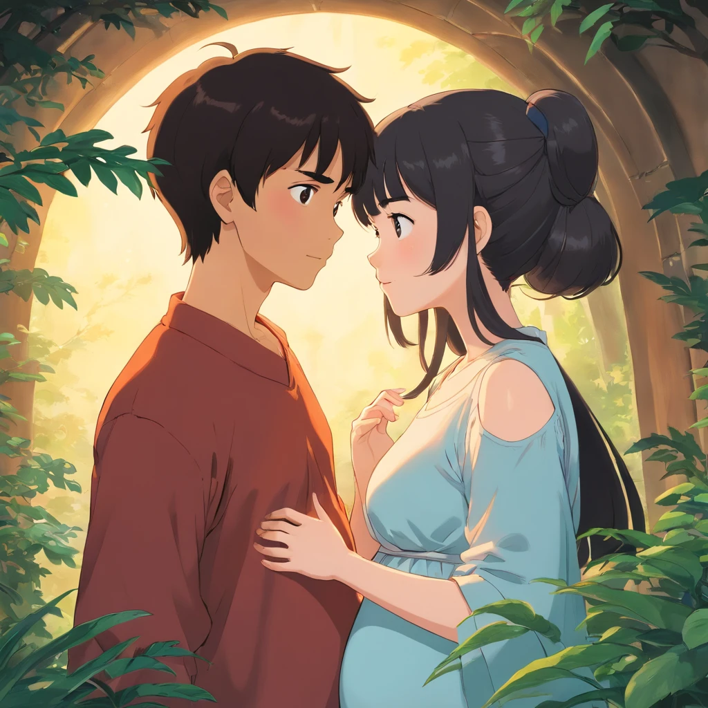 A couple made up of a pregnant girl with white skin and bangs and black hair, e um de pele parda (skin color similar to that of indigenous people) e cabelos lisos com franja lateral.