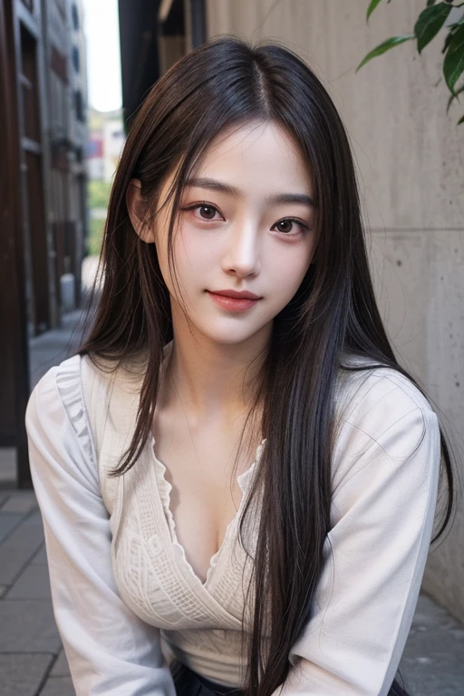 masterpiece, The highest image quality, hightquality, beautiful a girl, japanes, Japan schoolgirl, Popular Korean Makeup, detaileds, Swollen eyes, A detailed eye, Detailed skin, Beautiful skins, 超A high resolution, (现实:1.4), very extremely beautiful, Slightly younger face, Beautiful skins, slender, (A hyper-realistic), (illustratio), (hight resolution), (8K), (ighly detailed), (The best illustrations), (beautifully detailed eyes), (ultra-detailliert), (wall-paper), (详细的脸), looking at the viewers, finely detail、A detailed face、pureerosfaceace_v1、A smile、Looking straight ahead、cowboy shot、photos realistic、Bright lighting、profetional lighting、Brown hair、length hair、Dark abandonment、Kiss Shot Acerola Orion Heart Under Blade