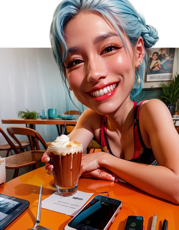 smiling woman sitting at the table with a cup of coffee and a cell phone, Arte Digital. @mariomaniacdude, Arte Digital, mas foto, com uma bebida, in a coffee shop, pintura digtial, 4 5 I, sentado em uma mesa cor de mocha, in a oil painting style, Arte Digital!!, Pintura digital, [ Arte Digital ]!!