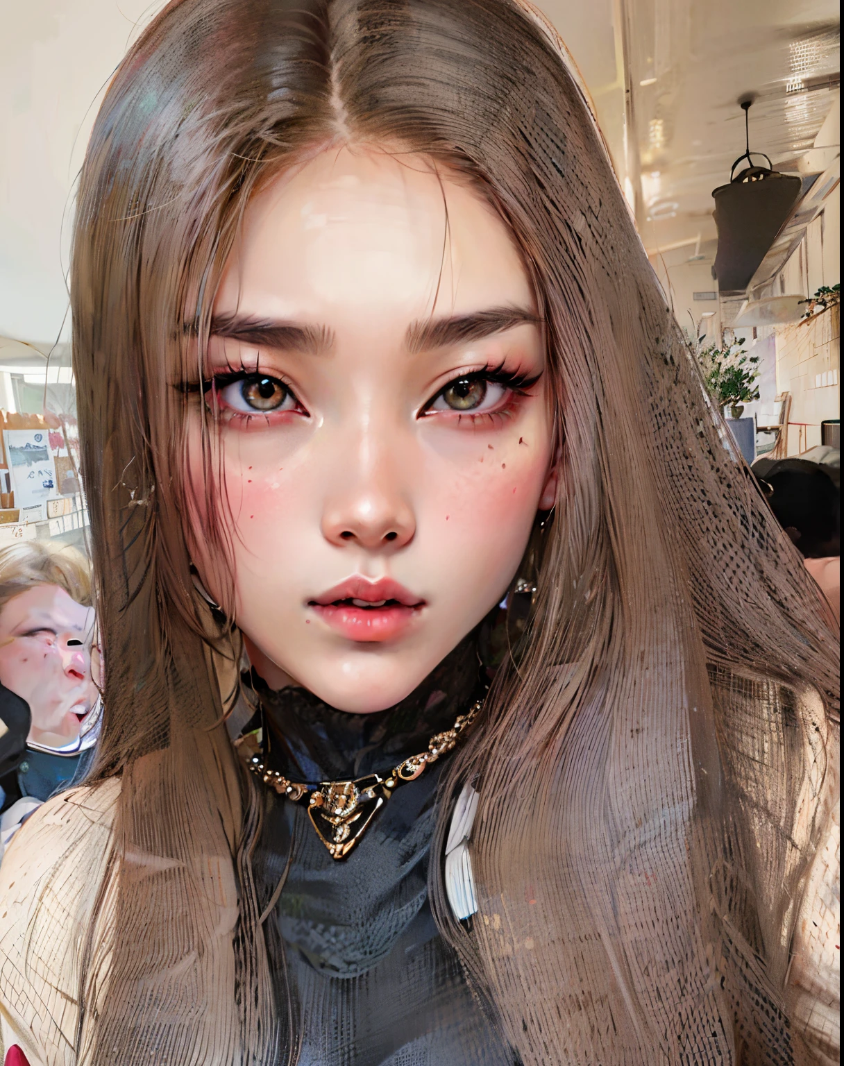 Un primer plano de una mujer con el pelo largo que lleva un estrangulador, maquillaje popular de Corea del Sur, maquillaje coreano popular, ulzzang, Cara sexy con maquillaje completo, Brillantes ojos rosados, Beautiful aesthetic face, Wan adorable cara coreana, con brillantes ojos morados, con cara redonda, Jinyoung Shin, con ojos rojos brillantes, Sakimichan, dilraba dilmurat