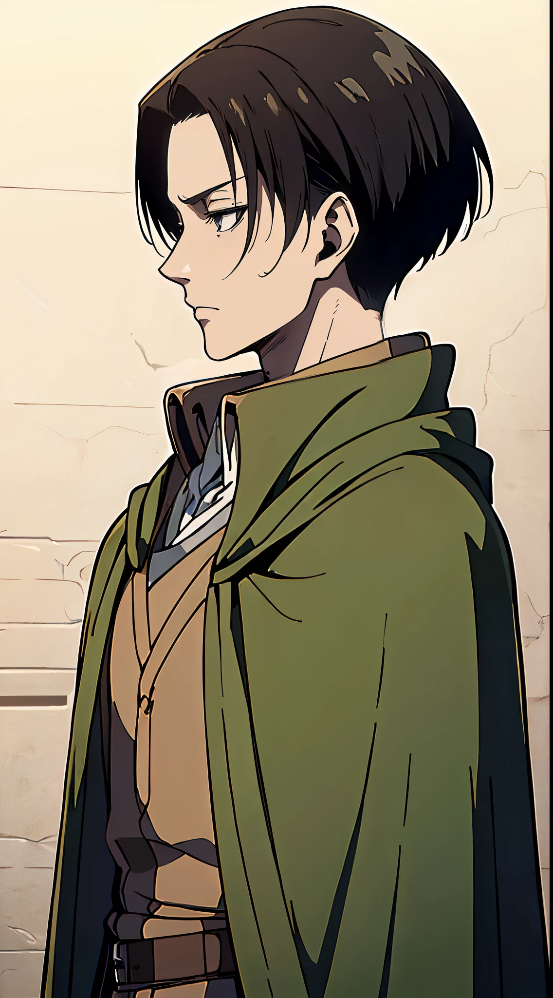 ((4K works))、masterpiece、(top-quality)、((high-level image quality))、((One Manly Boy))、Slim body、((green survey corps cloak fashion))、((Men's Fashion))、(Detailed beautiful eyes)、town in the morning、Levi Ackerman、Attack on Titan、((short hair above the ears))、((Smaller face))、((Neutral face))、((28 year old))、((Handsome man))、((Korean Makeup))、((elongated and sharp eyes))、((Black eyes))、((Like a celebrity))、Everyday photography、((Shot alone))、((Shot diagonally from the side))、((Upper body photography))、((Sharp eyes))
