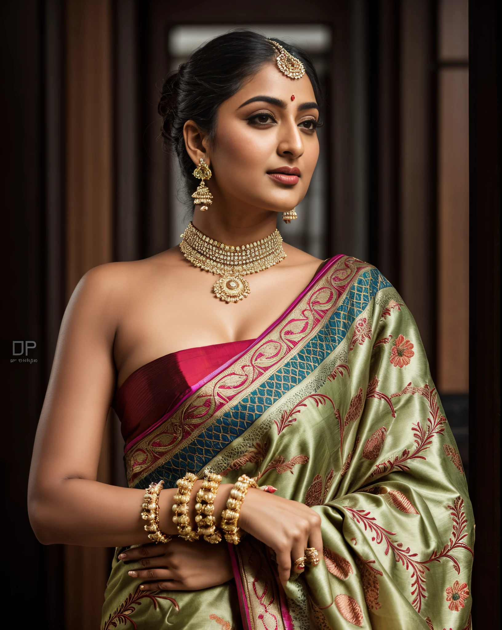 Foto RAW, photorealistic, photography, full body shot, master shot, goddess like beauty, perfect thick chubby mallu Desi aunty bhabhi, Wearing a Stanapatta, a chest-band.Saree model, model Photography, Indian saree shoot, Indian traditional wear advertising photography, traditional wear brand shoot, face of Indian actress Sonakshi Sinha, masterpiece, realistic, realism, incredible details, sensual pleasure, photorealism, detailed skin, skin pores, high contrast, photorealistic Artstation 8k HD digital art trend of high definition and detailed realistic skin texture, ultra detail, realistic skin texture, armature, best quality, ultra high definition, (photorealistic:1.4),, high resolution, detail, raw photo, Re sharp, by Lee Jefferies Nikon D850 Film Stock Photo 4 Kodak Portra 400 Camera F1.6 Lens Rich Color Ultra Real Realistic Realistic Textures Dramatic Lighting Unreal Engine Trending at Art Station Cinestill 800,(pele altamente detalhada: 1.2), 8k UHD, DSLR, soft-lighting, alta qualidade, grain of film, Fujifilm XT3,she didn't like to wear blouse or bra, she is happy to wear only saree, she hates blouse or bra,